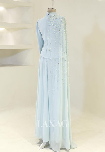 High-Neck Long-Sleeves Pearls Beaded Chiffon Pleated Floor-Length Fitted Evening Dress