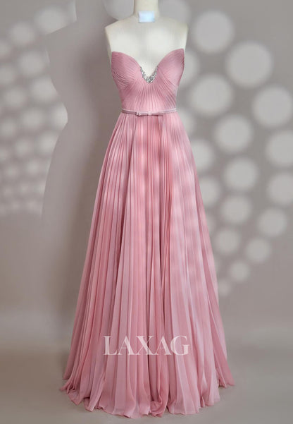 Off-Shoulder Sleeveless A-Line Evening Dress Sweetheart Beaded Pleated Chiffon Formal Gowns