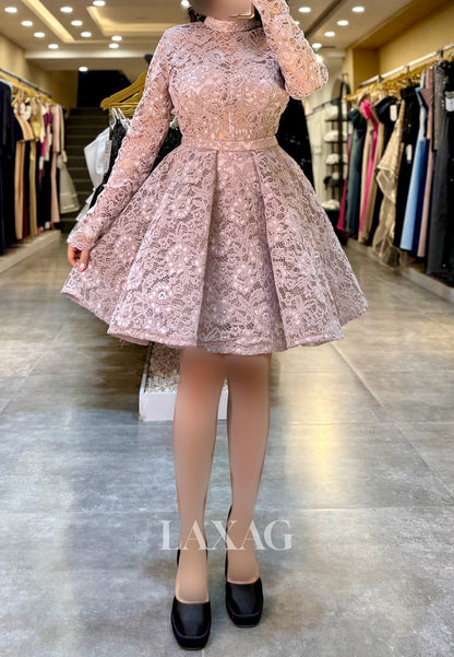 High-Neck Long-Sleeves Allover Lace Pleated Party Short A-Line Party Homecoming Dress