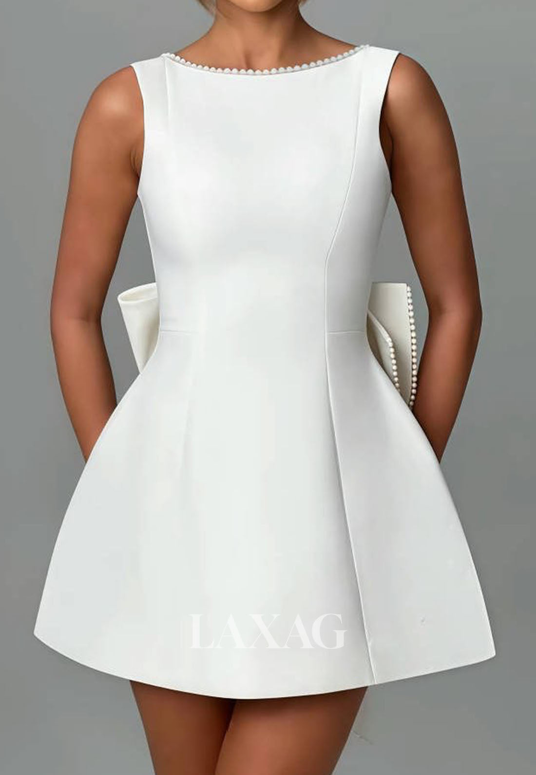 Scoop-Neck Off-Shoulder Sleeveless Pearls Satin A-Line Party Homecoming Dress with Big Bow