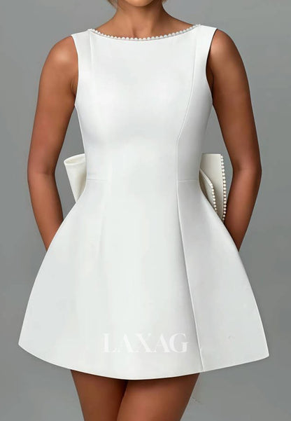 Scoop-Neck Off-Shoulder Sleeveless Pearls Satin A-Line Party Homecoming Dress with Big Bow