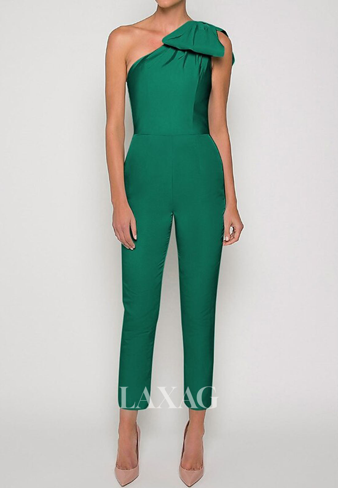 Asymmetrical-Neck One-Strap Sleeveless Satin Pleated Jumpsuit with Detachable Overskirt