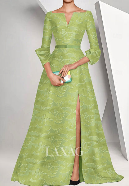 V-Neck Long-Sleeves Floor-Length Applique Tulle A-Line Formal Evening Dress with Slit