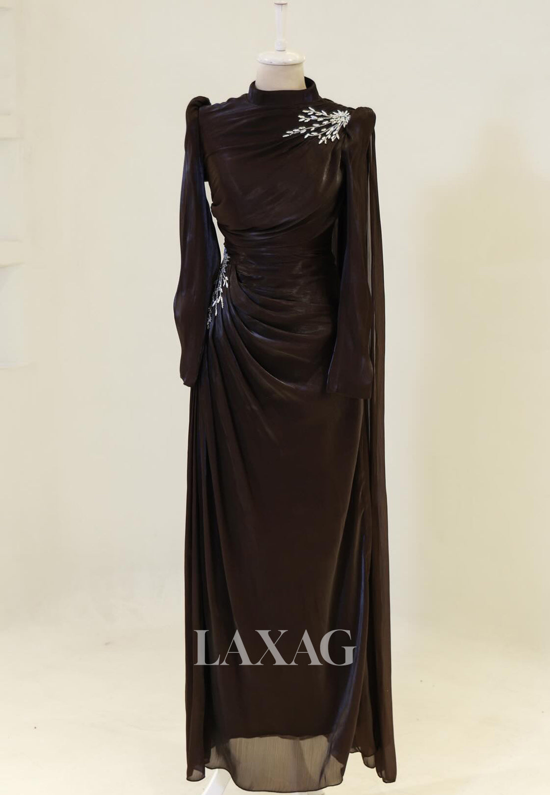High-Neck Long-Sleeves Rhinestone Beaded Chiffon Pleated Floor-Length Fitted Evening Dress