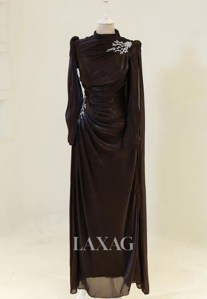 High-Neck Long-Sleeves Rhinestone Beaded Chiffon Pleated Floor-Length Fitted Evening Dress