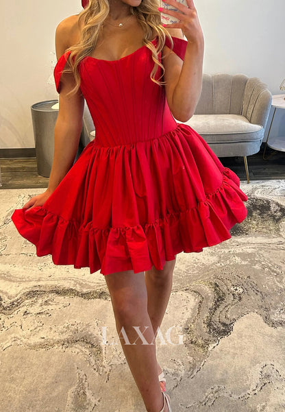 Simple Scoop-Neck Off-Shoulder Sleeveless Pleated Satin Short A-Line Party Homecoming Dress