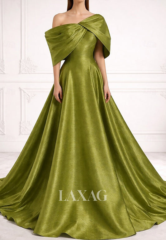 Asymmetrical-Neck Off-Shoulder Sleeveless Satin Pleated Floor-Length A-line Evening Dress with Train