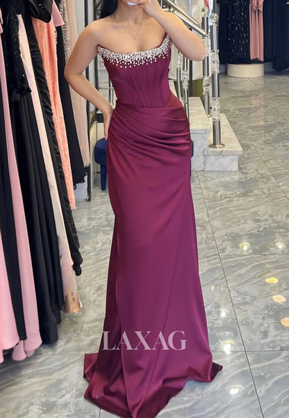Scoop-Neck Off-Shoulder Sleeveless Formal Gowns  Floor-Length Beaded Satin Mermaid Evening Dress