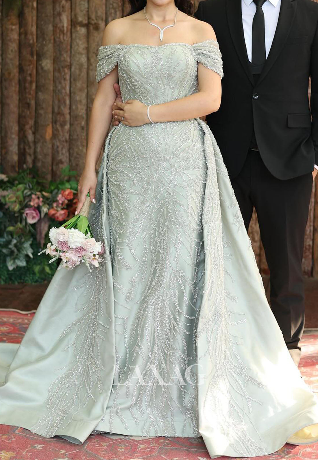 Bateau-Neck Off-Shoulder Mermaid Evening Dress Fully Sequined Beaded Pleated Satin Gormal Gowns