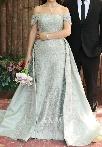 Bateau-Neck Off-Shoulder Mermaid Evening Dress Fully Sequined Beaded Pleated Satin Gormal Gowns