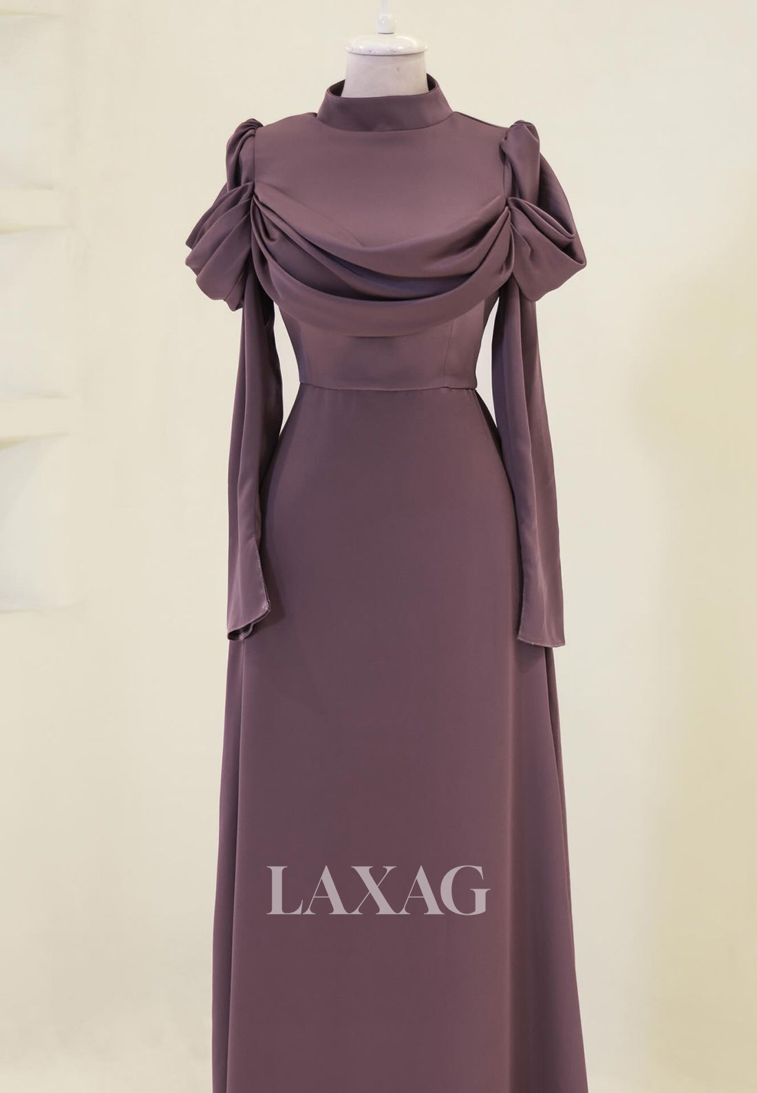 High-Neck Long-Sleeves Satin Pleated Floor-Length Simple Fitted Evening Dress