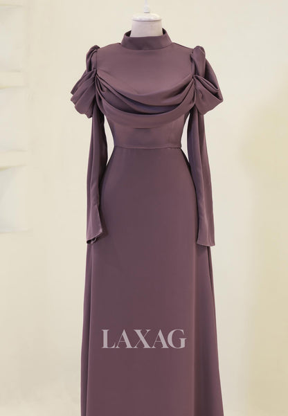 High-Neck Long-Sleeves Satin Pleated Floor-Length Simple Fitted Evening Dress