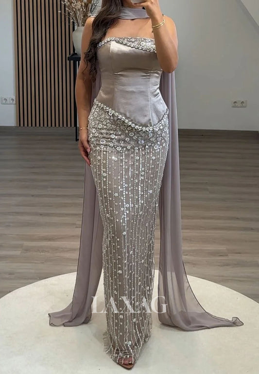 Off-Shoulder Tube Top Sleeveless Rhinestone Sequined Floor-Length Mermaid Evening Dress