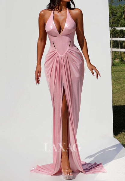 Halter Deep V-Neck Off-Shoulder Mermaid Evening Dress Metallic-Satin Pleated High Slit Formal Gowns
