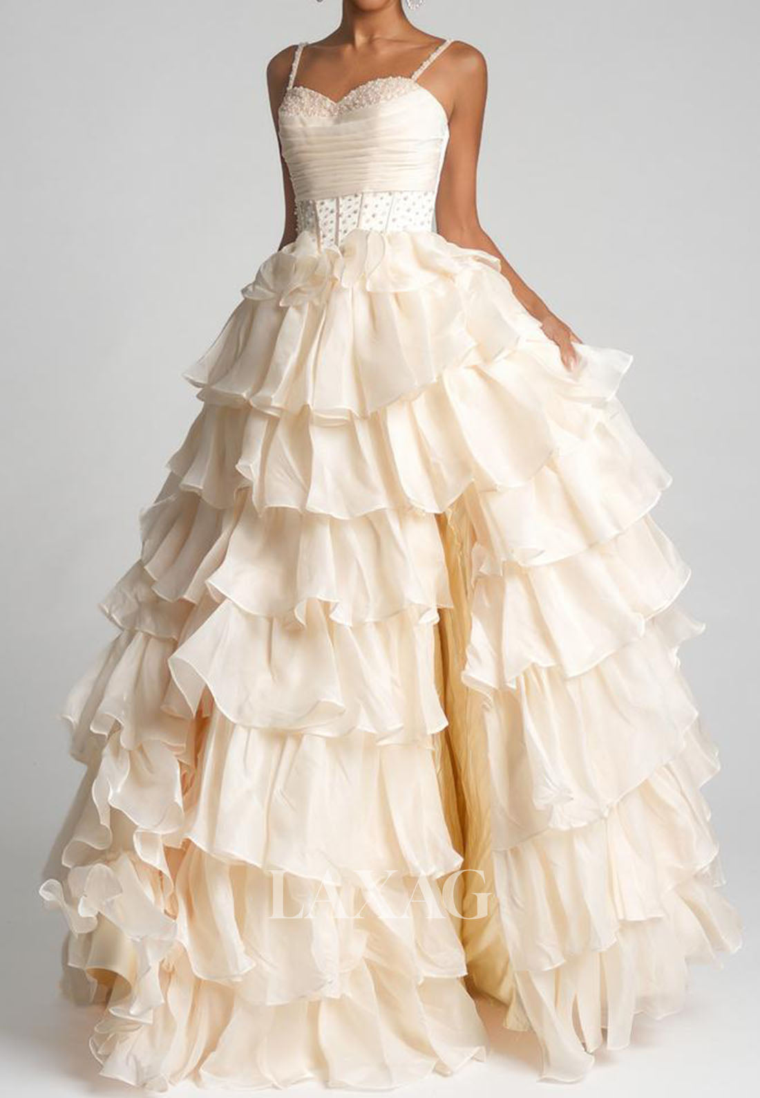 Sweetheart Spaghetti Straps Tiered A-Line Prom Dress Sleeveless Beaded Pleated Chiffon Party Gowns