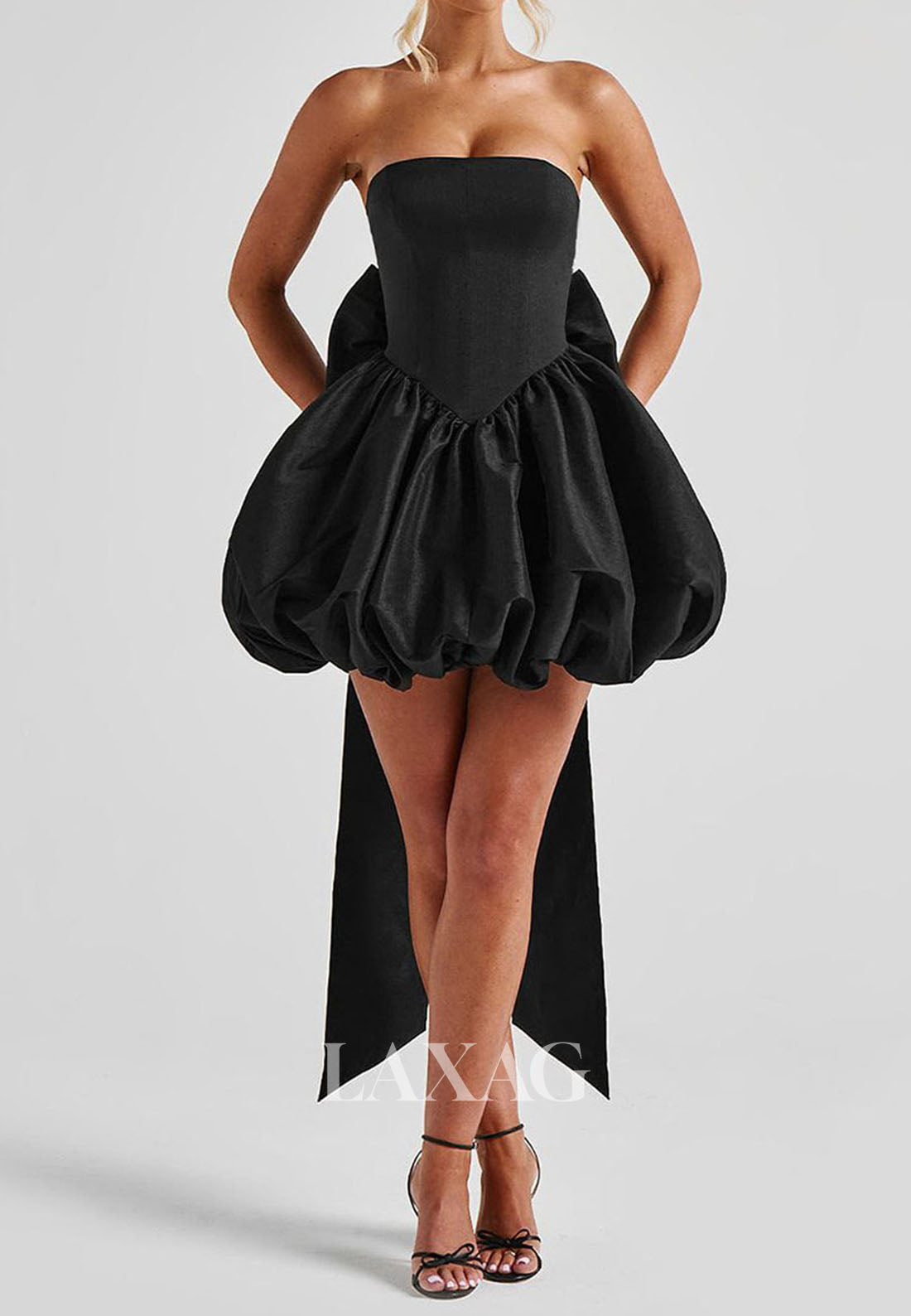 Off-Shoulder Tube Top Sleeveless Pleated Satin A-Line Party Homecoming Dress with Big Bow