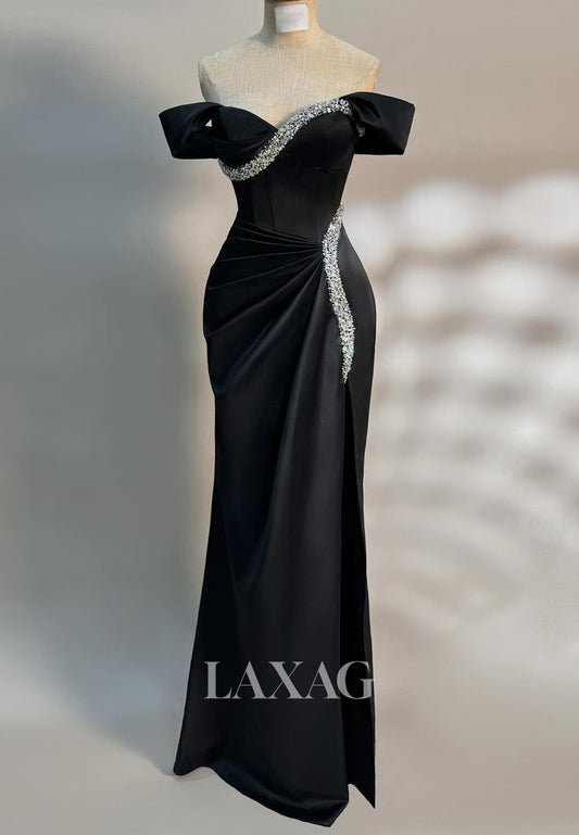 Sweetheart Off-Shoulder Beaded Formal Gowns Pleated Satin Floor-Length Evening Dress with Slit