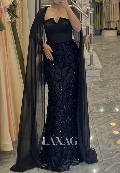 Square-Neck Cape-Sleeves Mermaid Evening Dress Sequined Beaded Chiffon Floor-Length Formal Gowns