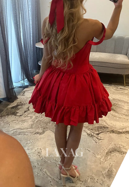 Simple Scoop-Neck Off-Shoulder Sleeveless Pleated Satin Short A-Line Party Homecoming Dress