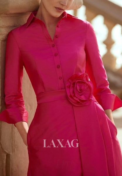 Collared 3/4-Sleeves 3D-Floral Satin Pleated A-Line Mother of the Bride Dress with Slit