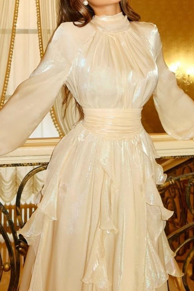 Pleated High Neck Maxi Dress with Ruffles