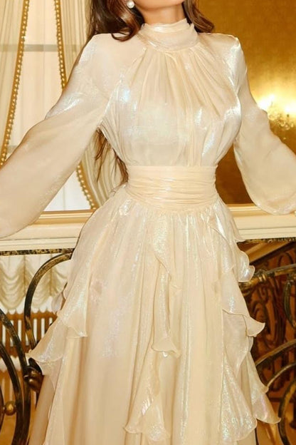 Pleated High Neck Maxi Dress with Ruffles