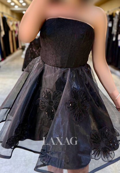 Tube Top Sleeveless Sequined Lace Applique Pleated Tulle A-Line Party Homecoming Dress