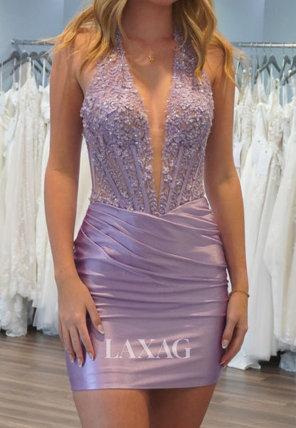 Halter Plunging V-Neck Sleeveless Beaded Sequined Applique Pleated Satin Mermaid Homecoming Dress