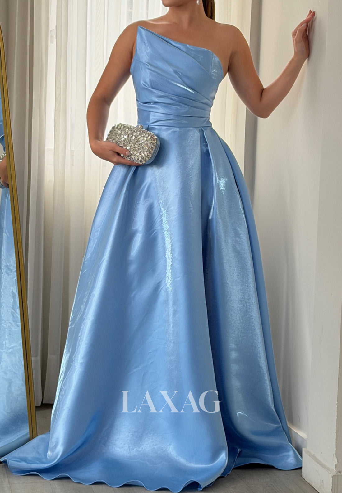 Asymmetrical-Neck Off-Shoulder Sleeveless Satin Pleated Floor-Length Mermaid Evening Dress