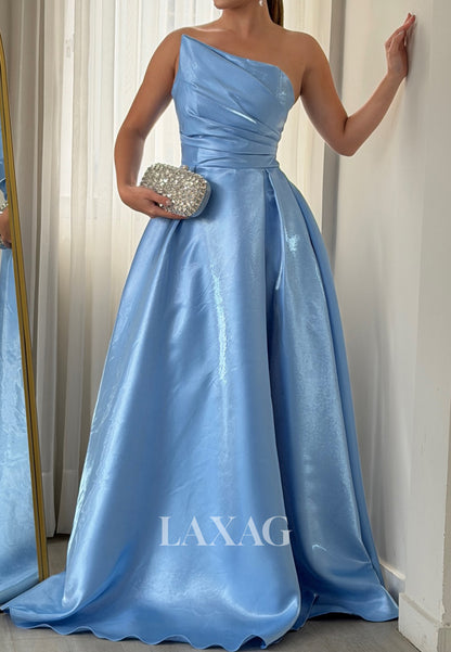 Asymmetrical-Neck Off-Shoulder Sleeveless Satin Pleated Floor-Length Mermaid Evening Dress