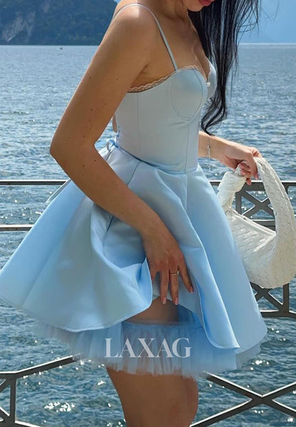 Sweetheart Spaghetti Straps Sleeveless Pleated Satin&Tulle A-Line Party Homecoming Dress