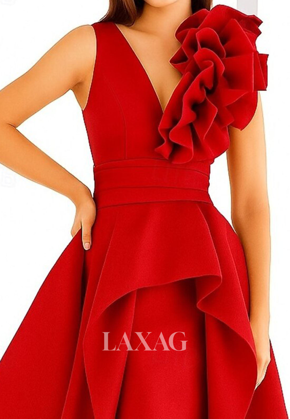 Deep V-Neck Straps Sleeveless Ruffled Pleated Satin Floor-Length A-Line Formal Evening Dress