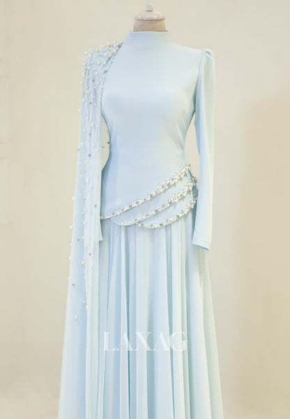 High-Neck Long-Sleeves Pearls Beaded Chiffon Pleated Floor-Length Fitted Evening Dress
