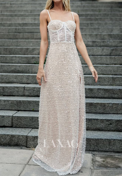 Sweetheart Spaghetti Straps Party Gowns Sleeveless Fully Sequined Beaded Fitted Prom Dress