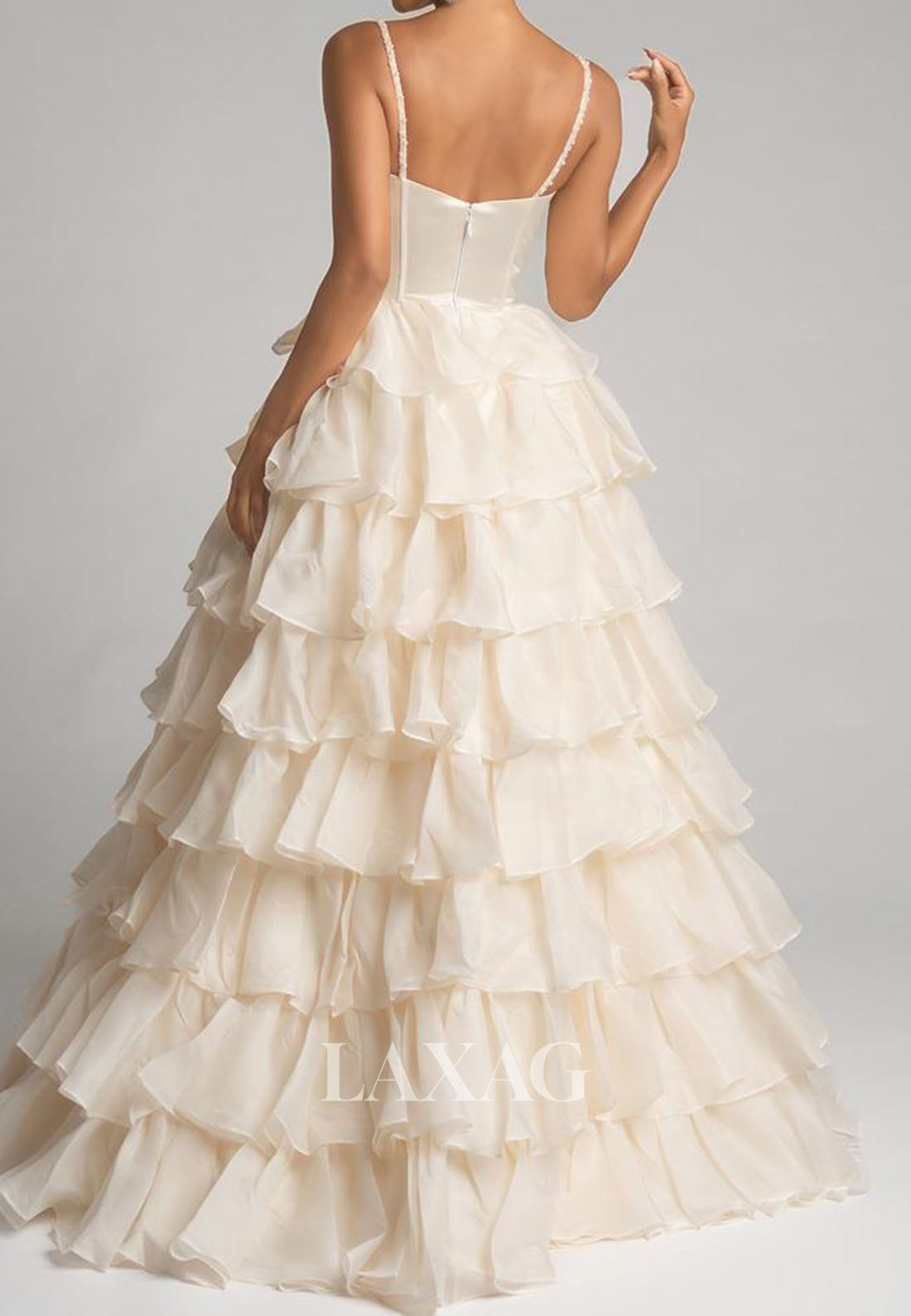 Sweetheart Spaghetti Straps Tiered A-Line Prom Dress Sleeveless Beaded Pleated Chiffon Party Gowns