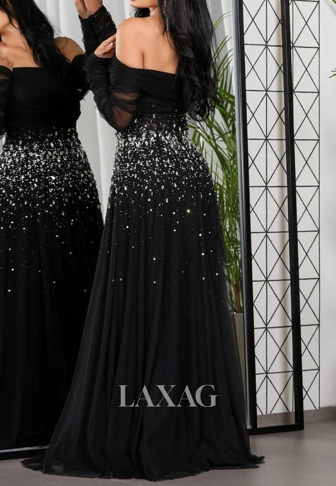 Asymmetrical-Neck Long-Sleeves A-Line Evening Dress Rhinestone Beaded Pleated Tulle Formal Gowns