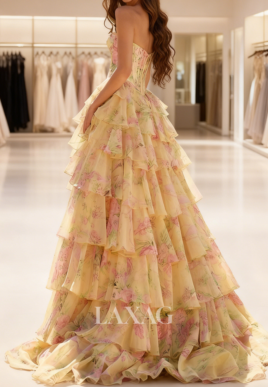 Scoop-Neck Print-Chiffon Pleated Tiered A-Line Prom Dress Off-Shoulder Sleeveless Beaded Party Gowns