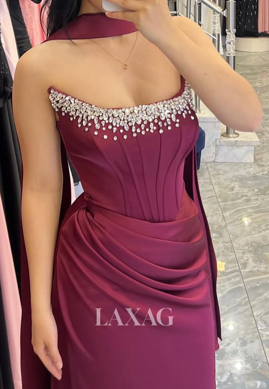 Scoop-Neck Off-Shoulder Sleeveless Formal Gowns  Floor-Length Beaded Satin Mermaid Evening Dress