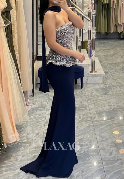 Tube Top Off-Shoulder Sleeveless Pearls Beaded Satin Floor-Length Mermaid Formal Evening Dress