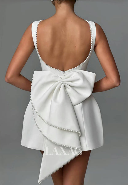 Scoop-Neck Off-Shoulder Sleeveless Pearls Satin A-Line Party Homecoming Dress with Big Bow