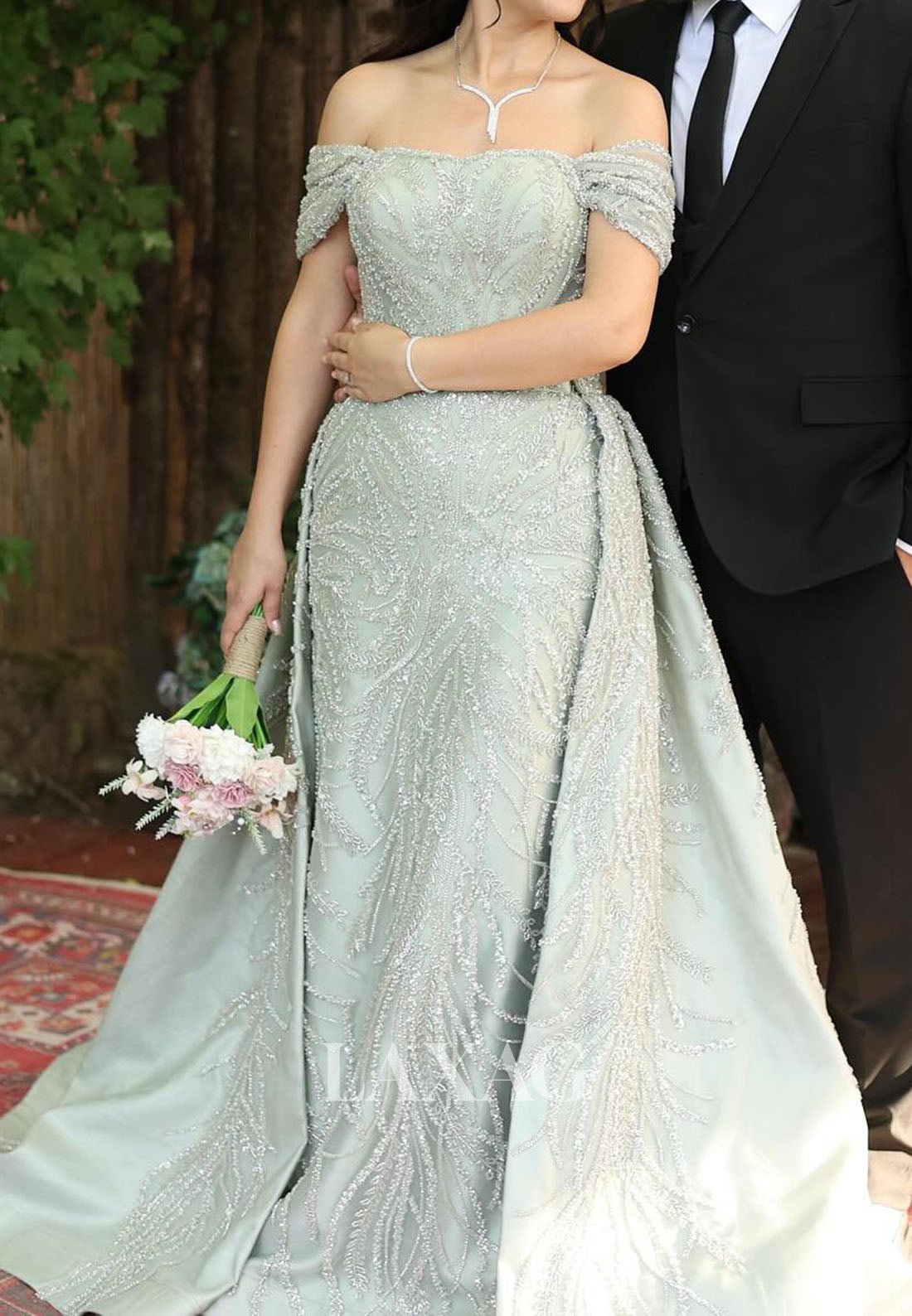 Bateau-Neck Off-Shoulder Mermaid Evening Dress Fully Sequined Beaded Pleated Satin Gormal Gowns