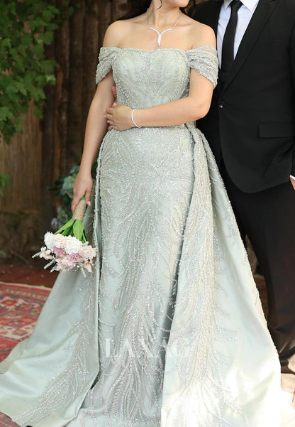 Bateau-Neck Off-Shoulder Mermaid Evening Dress Fully Sequined Beaded Pleated Satin Gormal Gowns