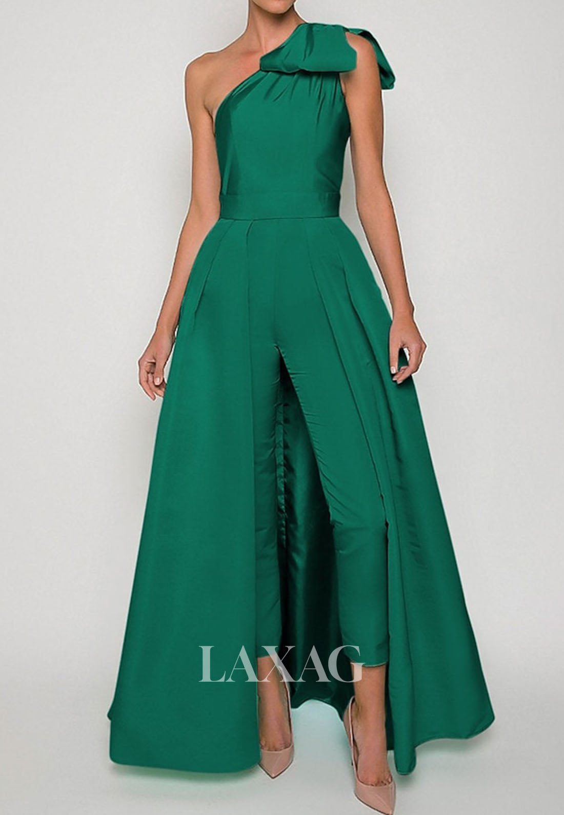 Asymmetrical-Neck One-Strap Sleeveless Satin Pleated Jumpsuit with Detachable Overskirt