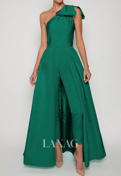 Asymmetrical-Neck One-Strap Sleeveless Satin Pleated Jumpsuit with Detachable Overskirt