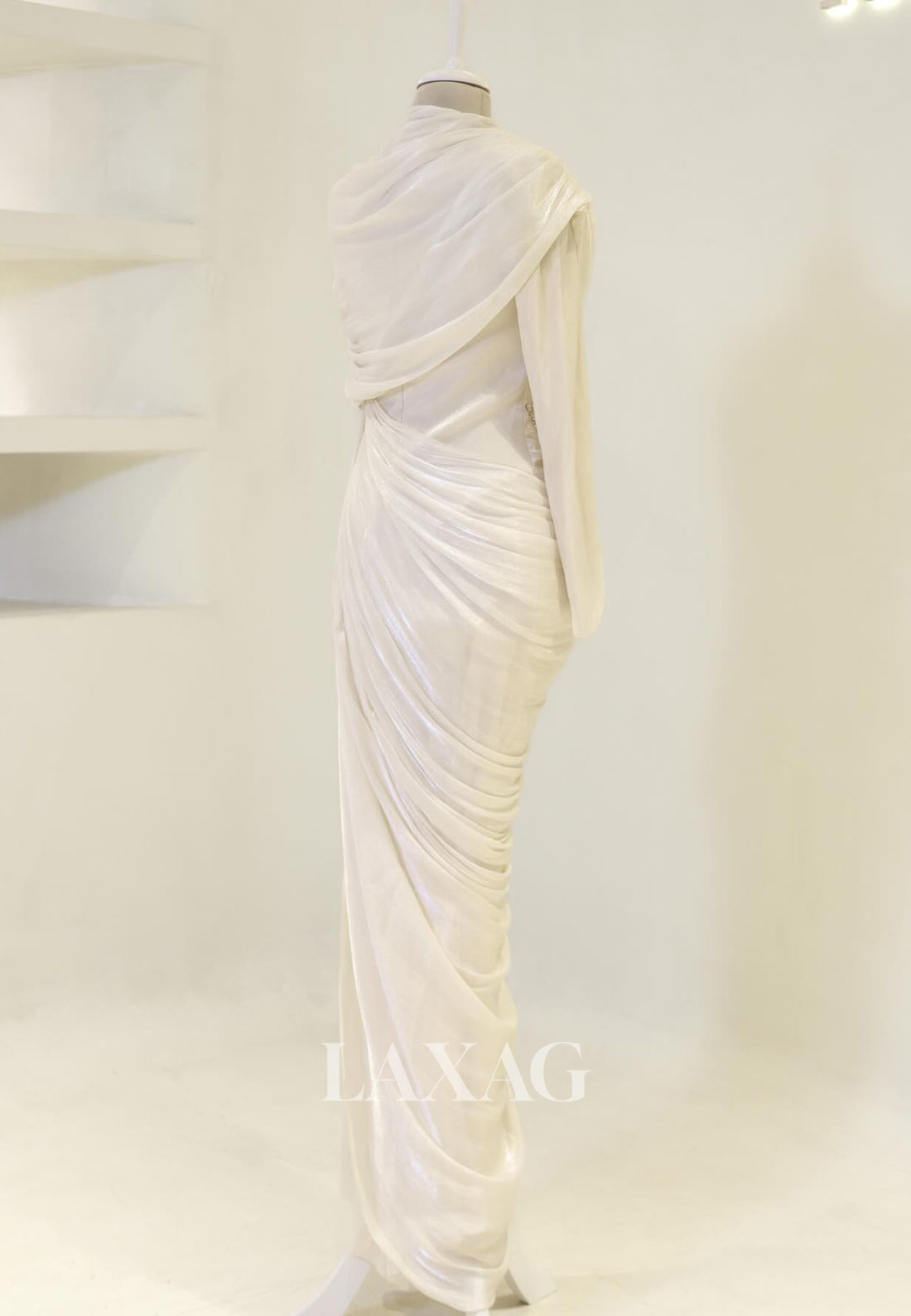 Scoop-Neck Long-Sleeves Rhinestone Beaded Chiffon Pleated Floor-Length Mermaid Evening Dress
