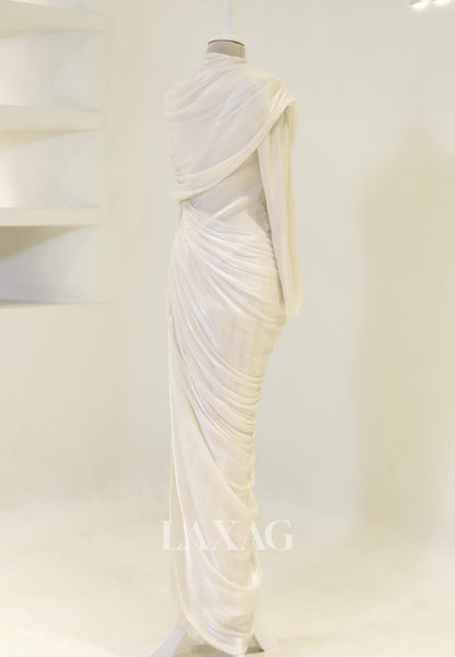 Scoop-Neck Long-Sleeves Rhinestone Beaded Chiffon Pleated Floor-Length Mermaid Evening Dress