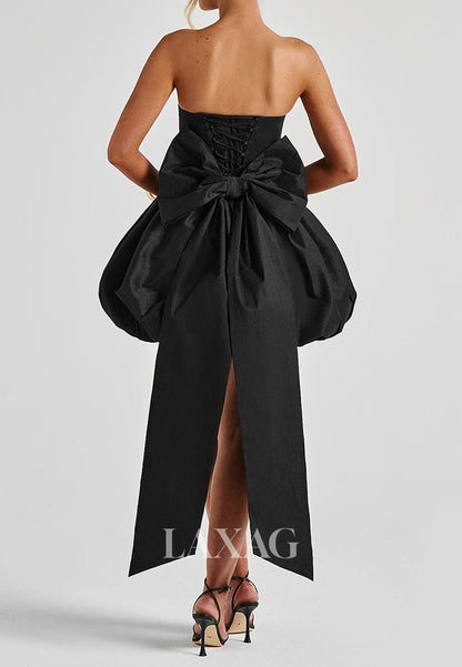 Off-Shoulder Tube Top Sleeveless Pleated Satin A-Line Party Homecoming Dress with Big Bow