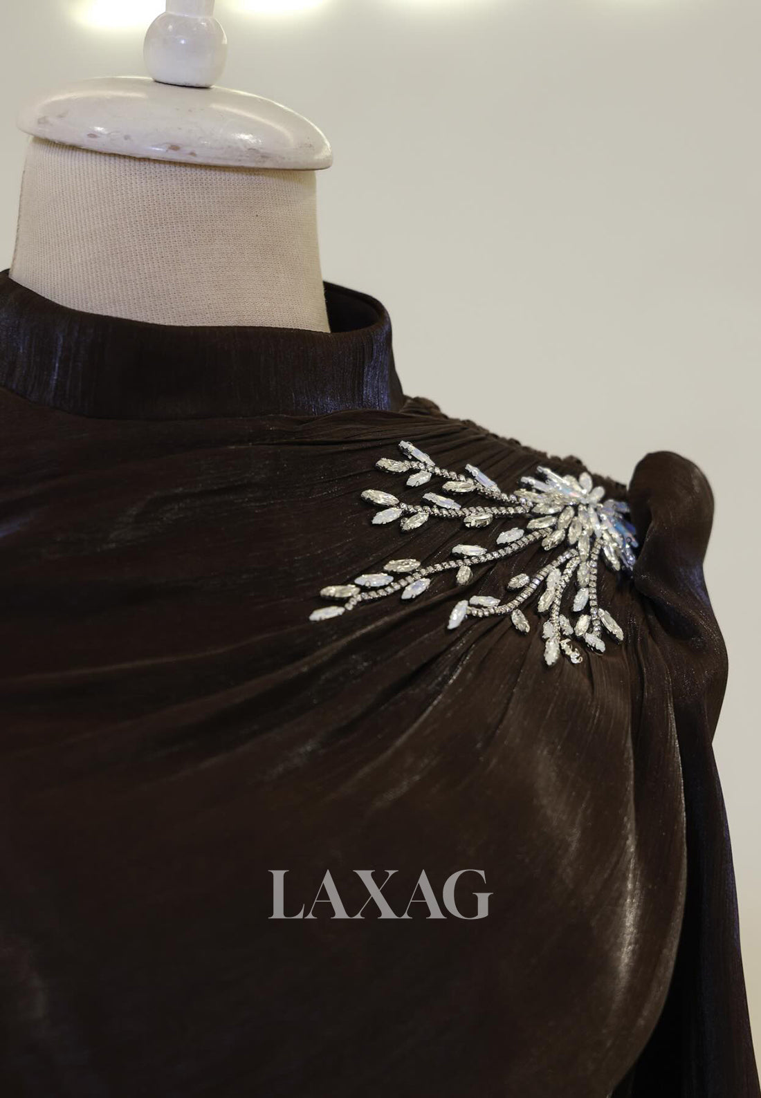 High-Neck Long-Sleeves Rhinestone Beaded Chiffon Pleated Floor-Length Fitted Evening Dress