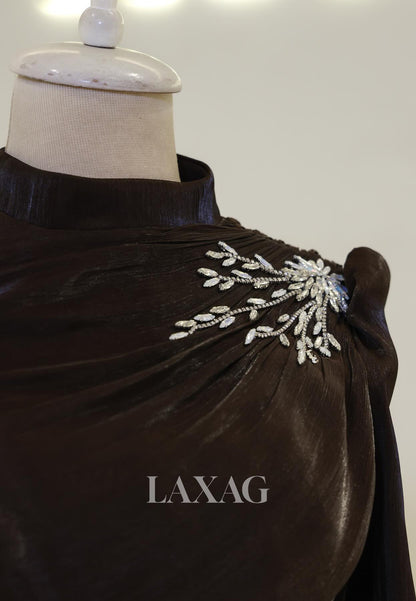 High-Neck Long-Sleeves Rhinestone Beaded Chiffon Pleated Floor-Length Fitted Evening Dress