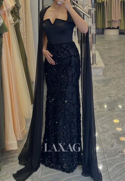 Square-Neck Cape-Sleeves Mermaid Evening Dress Sequined Beaded Chiffon Floor-Length Formal Gowns